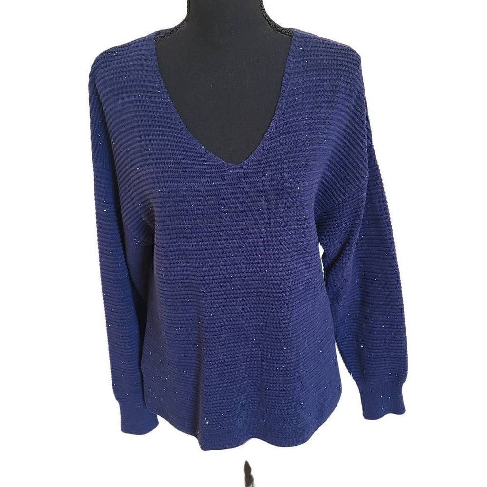 Tommy Bahama Womens Blue Sparkle Cotton Blend V Neck Sweater Small
